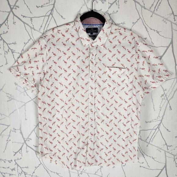 Michael Brandon Flamingo Print Cotton Slim Fit Short Sleeve Shirt - Picture 1 of 5
